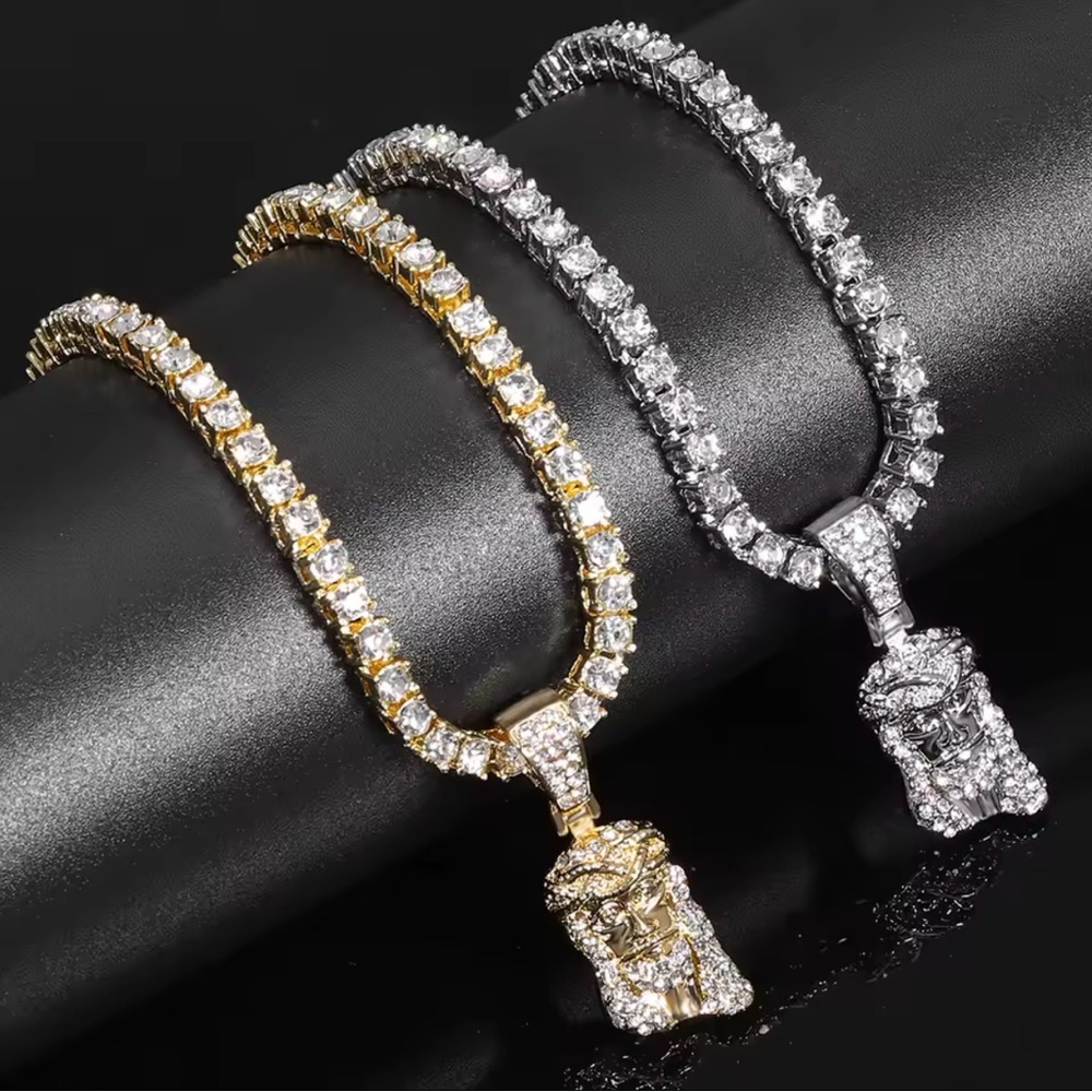 20 inch iced out Jesus pendant with tennis chain silver or gold tone